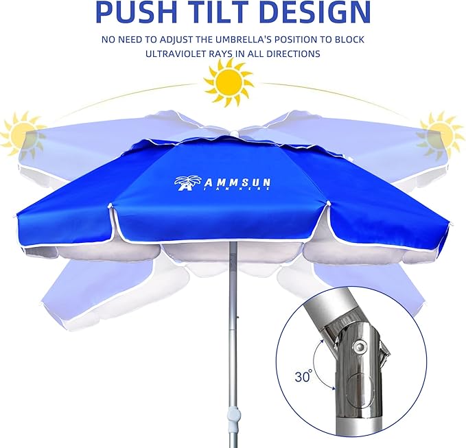 AMMSUN 6ft Folded Portable Travel Beach Umbrella with Sand Anchor Tilt Air vent UPF 50+UV Protection Fit In Suitcase Compact Foldable Telescopic umbrellas for Patio Garden Beach Pool Blue