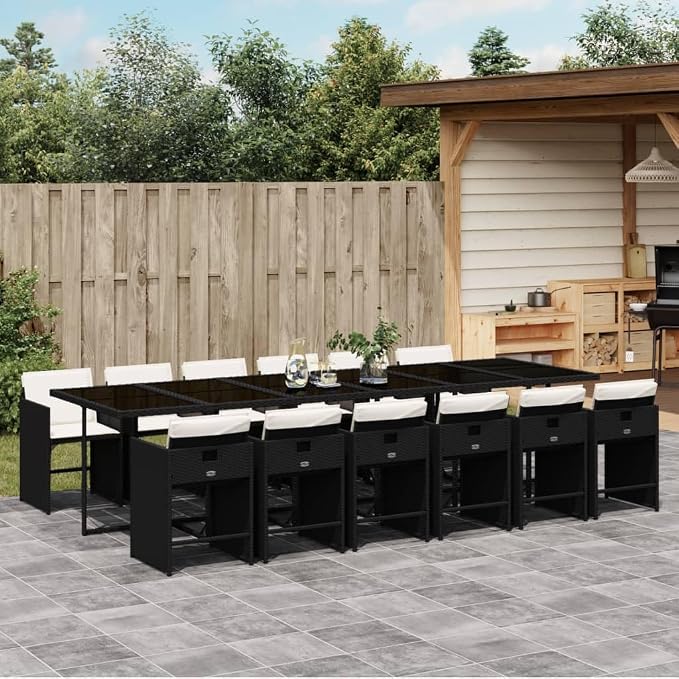 13-Piece Patio Dining Set with Cushions Black PE Rattan Outdoor Furniture Set for Backyard Garden Balcony Porch, Foldable Chairs & Tempered Glass Table