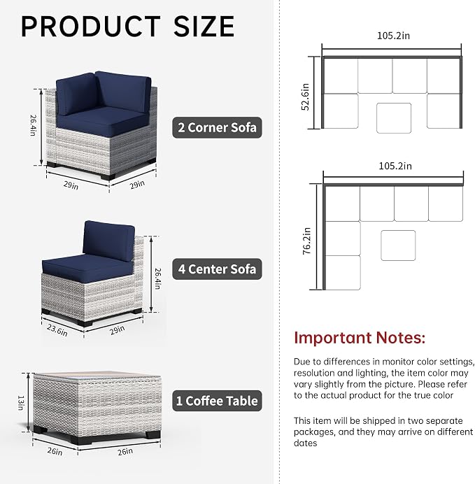 7 Pieces Outdoor Patio Furniture Set, Wicker Modular Sectional Sofa, All Weather Conversation Sets with Glass Table for Yard, Garden, Poolside, Off-White Rattan & Navy Blue Cushions