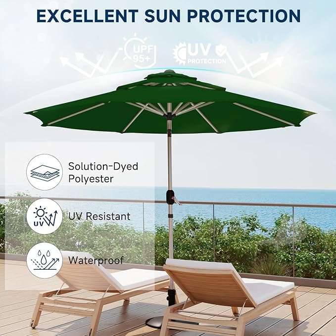 10FT 3-Tier Aluminum Outdoor Patio Umbrella, Fade-Resistant Market Umbrella with Push Button Tilt Function, 8 Sturdy All-Aluminum Ribs for Gardens, Patios, Backyards & Pools