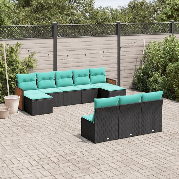 10 Piece Patio Sofa Set with Cushions, Outdoor Sofa Sets Patio Conversation Set Outdoor Dining Sets Garden Lounge Set for Exhibition Poolside Negotiation Area Piazza Black Poly Rattan