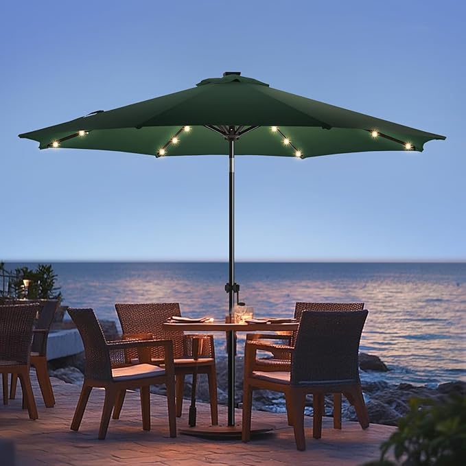 wikiwiki 9ft Solar Led Patio Umbrella, Sturdy Outdoor Market Umbrella for Deck, Pool, Garden w/Tilt, Crank, 32 LED Lights, Dark Green