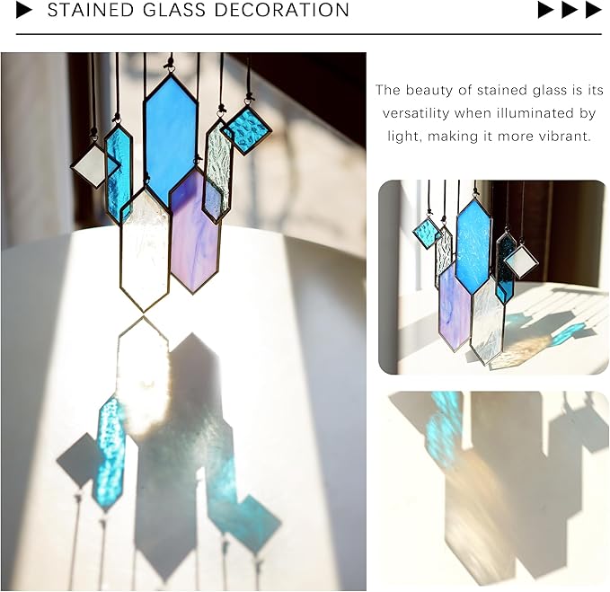 7pcs Stained Glass Window Hanging Suncatchers Modern Blue Wall Art Ornament | Blue Dreams,Sun Catchers Indoor Window,Home Garden Decor,Element Earth Tones Panel Set,Gift For Women,With String & Hook