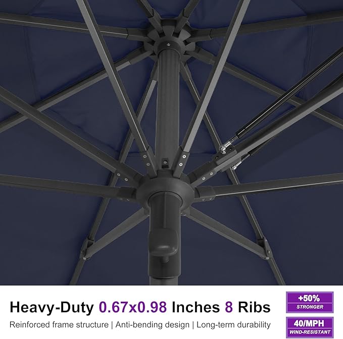 PURPLE LEAF 13 FT Commercial Round Patio Market Table Sun Umbrella Semi Auto Open All Weather Maximum Coverage for Hotel Resort Cafe Restaurant Garden Business Use Navy Blue