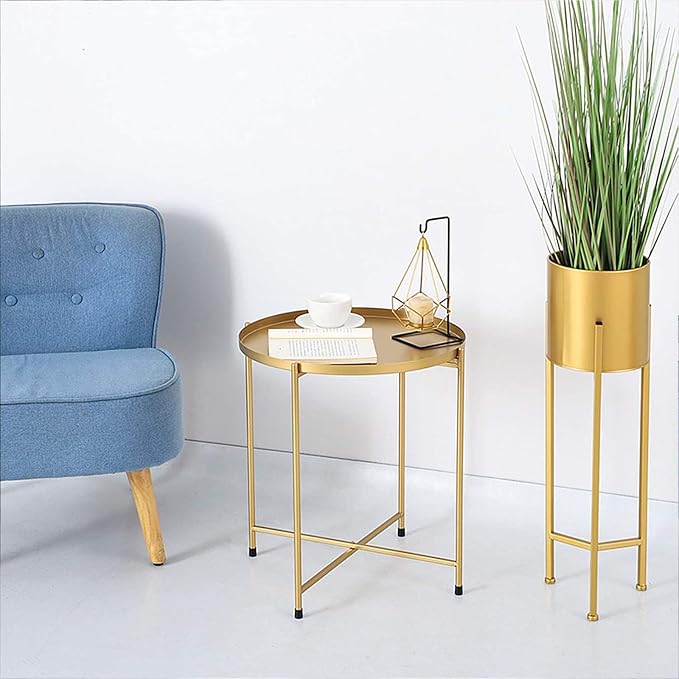 Tray Metal Round End Table Folding Small Side Table Outdoor & Indoor Coffee Table for Small Spaces Bedroom Patio,Black