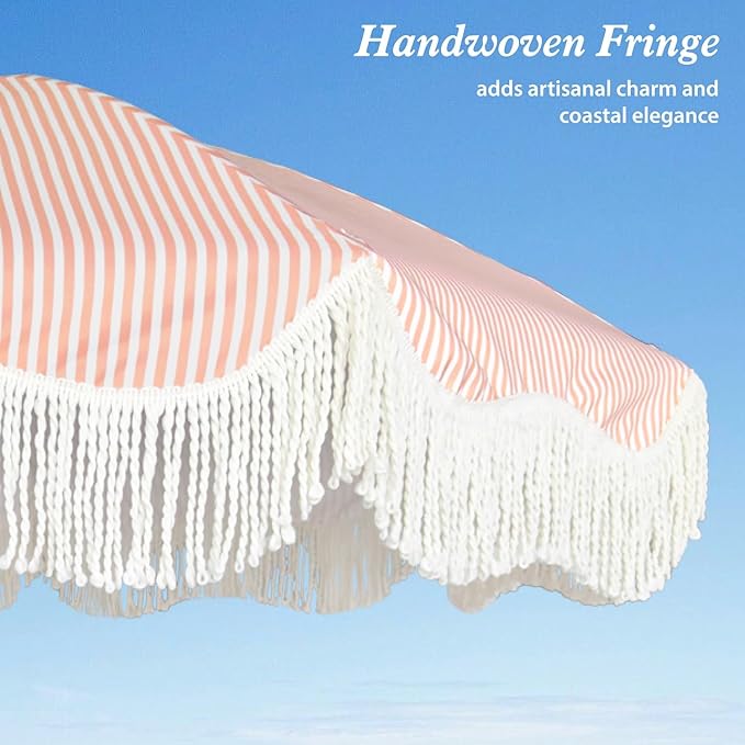 AMMSUN Boho Fringe Umbrella Outdoor Patio, 6.5ft UPF50+ Picnic Umbrella with Tassels with Steel Pole and Push Button Tilt, Pink Stripe