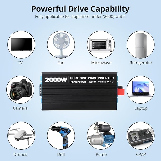 2000W Pure Sine Wave Power Inverter 12V to 110V/120V DC to AC with LCD Display, Remote Controller 3 x AC Outlets & 2.1A USB Car Adapter for Car Truck Boat RV Solar System