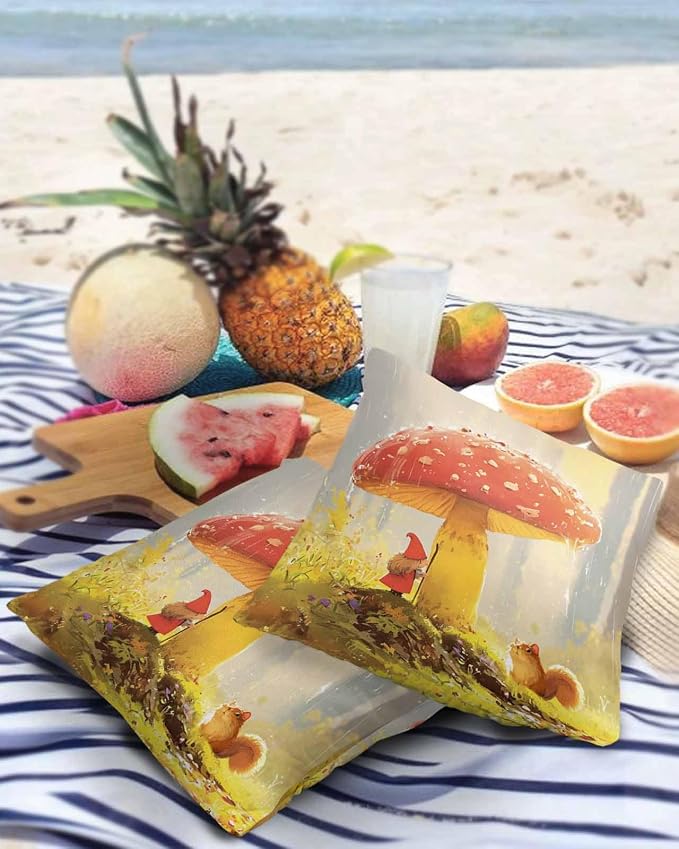 Outdoor Waterproof Throw Pillow Covers 24x24in, Fall Thanksgiving Mushrooms Cushions for Garden Patio Furniture Chairs Set of 2, Gnome Squirrels Home Decor Couch Sofa Polyester Pillow Cases