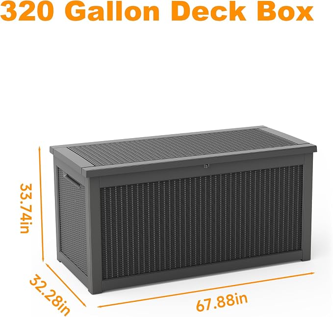 ROJIK 320 Gallon Deck Box Outdoor Waterproof,Weatherproof Outdoor Storage Boxes Lockable with Lid,Outside Resin Storage Bench for Patio Cushions,Garden Tools and Pool Accessories(Black)