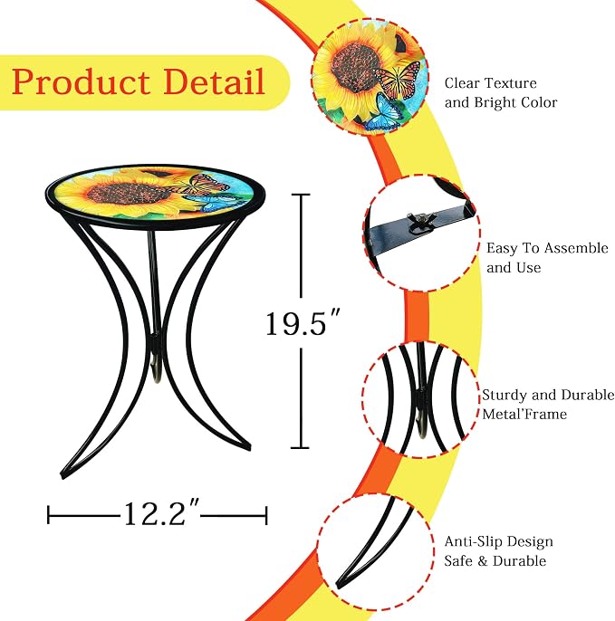 J-Fly 12 Inch Outdoor Side Table, Round Patio Accent Indoor End Table with Glass Top & Metal Base for Living Room, Office, Balcony, Sunflower Butterfly Indoor Furniture Valentine Decor(20" Height)