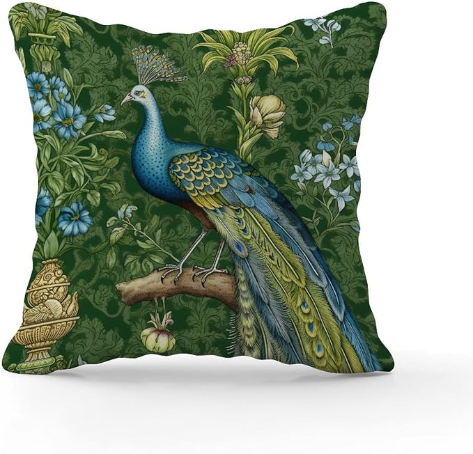 Aqua and Green Chinoiserie Throw Pillow Covers Green Peacock Animal Asian Cushion Cases 18x18 INFarmhouse Accent Outdoor Garden Decoration for Patio Garden Couch Tent