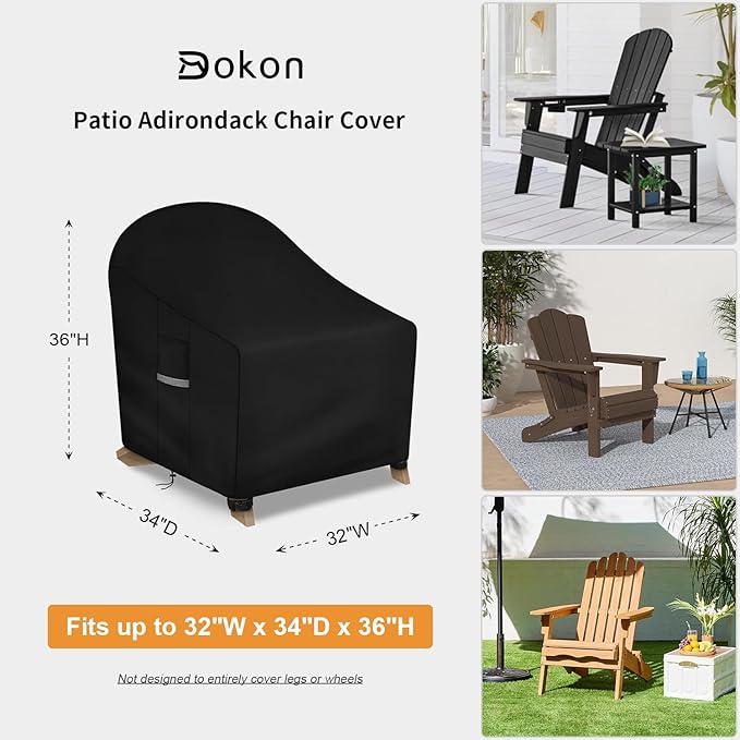 Dokon Patio Adirondack Chair Covers Waterproof Outdoor Chair Cover with Air Vents, Windproof Anti-UV Heavy Duty Oxford Fabric Lawn Patio Furniture Covers (32"W x 34"D x 36"H) - Black