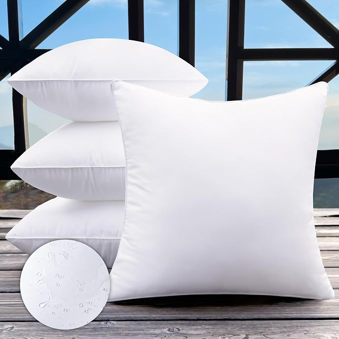 16x16 Outdoor Pillow Inserts Set of 4 Small Size Waterproof Square White DecorativeThrow Pillow Inserts for Indoor Couch Sofa Beds Cushions Outdoor Patio Furniture Cushions