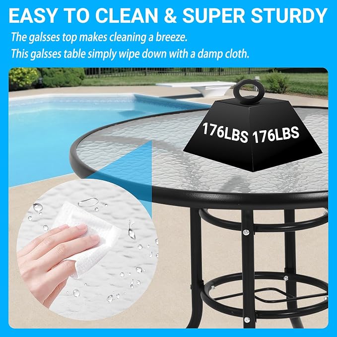 Outdoor Patio Table with Umbrella Hole, 32 inches Tempered Glass Top Round Patio Table,Conversation Coffee Table Metal Steel Frame All-Weather Furniture for Balcony, Backyard, Poolside (Round)