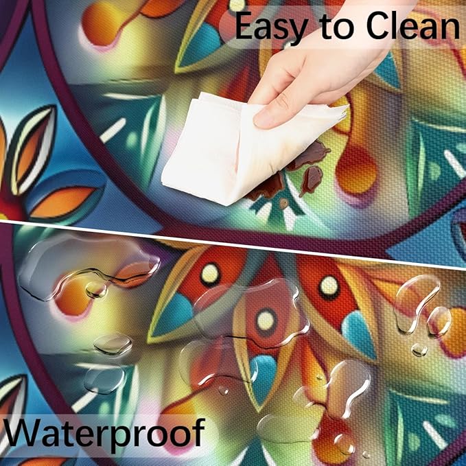 OSAM SPACE Outdoor Tablecloth with Umbrella Hole, Round Elastic Fitted Table Cloth with Invisible Zipper,Dark Colorful Mandala Flower Picnic Patio Table Cover 45-56in