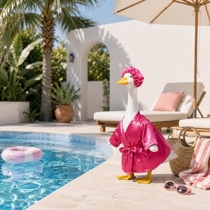 holoith Porch Goose Outfit for 23 Inch Concrete Cement Goose Statue | Lady Bathrobe Goose Clothes Set with Pink Bathrobe & Shower Cap, Summer Goose Costume for Lawn Yard Garden Patio Decor