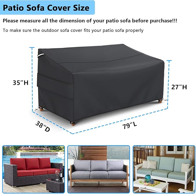 Gasadar Waterproof Outdoor Sofa Cover, 3-Seater Outdoor Loveseat Cover, 79" L×37" D×35" H, Heavy Duty 600D, Black