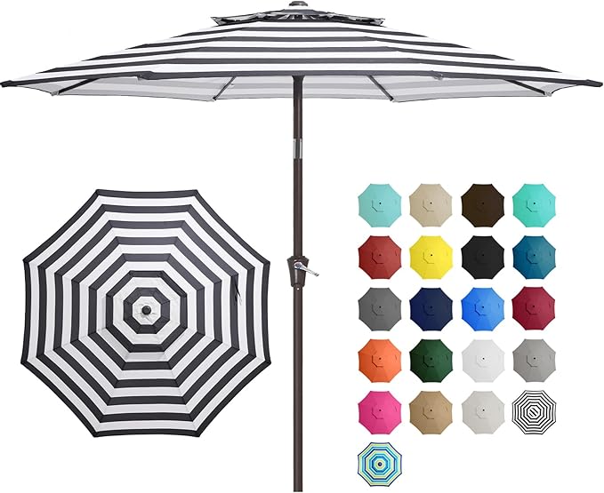 JEAREY 9' 2-Tiers Patio Umbrellas Outdoor Table Market Umbrella w/Push Button Tilt/Crank, 8 Sturdy Ribs, UV Protection Waterproof Sunproof(Black Striped)