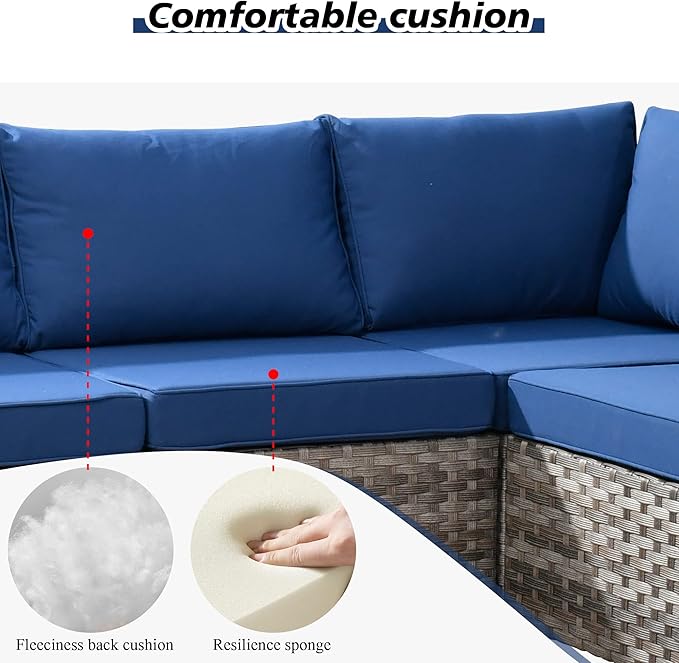 HOOOWOOO Outdoor Patio Sectional Furniture Sofa Set with Propane Gas Fire Pit Table,9 Piece Modern Wicker Couch with Swivel Chair,Modular L Shaped Conversation Seating Set with Wide Arm(Navy Blue)