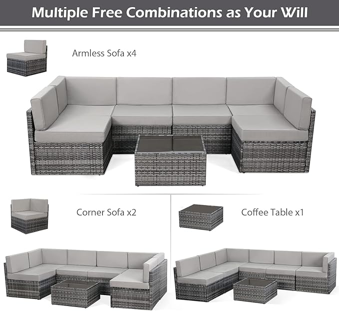U-MAX 7 Piece Outdoor Patio Furniture Set, PE Rattan Outdoor Wicker Sectional Furniture Chair Set with Cushions and Tea Table, Grey Rattan and Grey Cushion