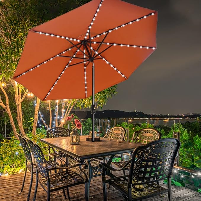 EliteShade USA 10-Year-Non-Fading 9ft Market Patio Umbrella, Commercial Grade Table Sun Umbrella with 80 Solar LED Lights, Crank Open, Windproof & UPF 50+ UV Protection for Garden, Deck, Pool, Backyard, Rust