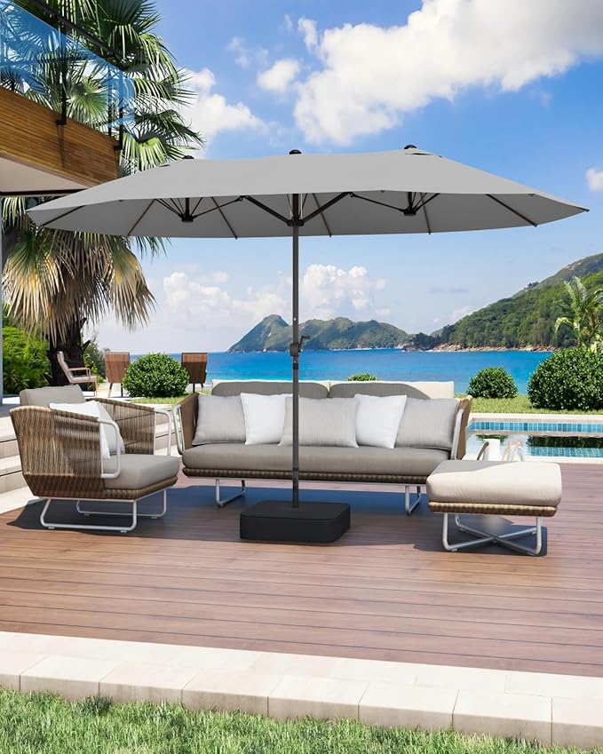 GDPFN 15FT Large Patio Umbrella with Base Included, Outdoor Deck Standing Umbrella with Crank Handle, Double-Side Rectangular Pool Umbrella for Outside, Market, Patio, Light Gray