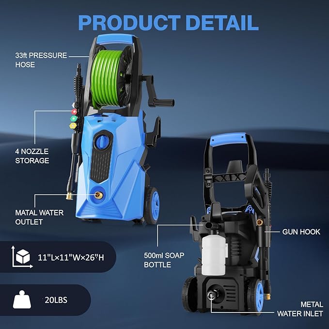 Electric Pressure Washer 5000PSI Portable with 33FT Hose Reel, 4 Nozzle Set for Home/Cars/Fences/Windows, Deep Blue