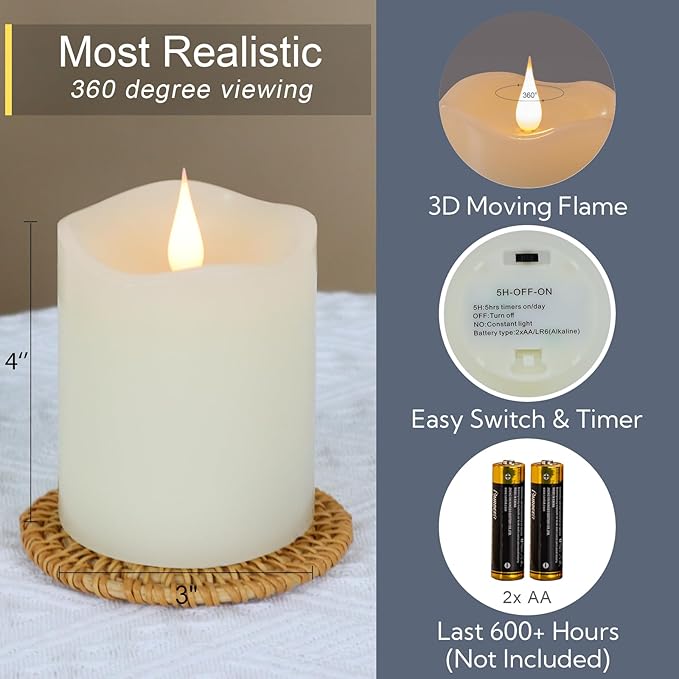 TECHLONG Flameless Candles Battery Operated with Timer, 3D Moving Flame Flickering, Last 600+ Hours Battery Candles, 3" x 4" Ivory Real Wax Electric LED Candle for Wedding Party Decorations