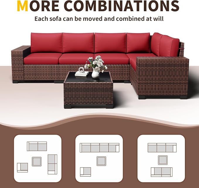 Outdoor Patio Furniture Set, 8'' Wide armrest Outdoor Sectional Rattan Sofa Set, Wicker Patio Furniture Sets w/Coffee Table,Thick Cushions and Cover for Porch, Balcony,Deck 6 PCS(Brown&Wine)