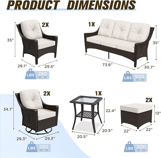Stone Creek Outdoor Furniture Set with Swivel Rocking Chairs, Patio Chairs, 3 Seater Couch, Side Table & Ottomans, Wicker Patio Conversation Set, Balcony Furniture, 8 Piece, Brown/Beige