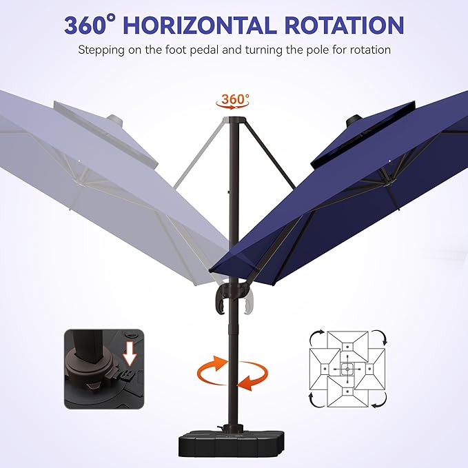 GENTEACO 9x12FT Cantilever Patio Umbrella, Double Top Rectangle Offset Umbrella 7 Angle Tilts & 360° Rotation, Large Heavy Duty Outdoor Sun Umbrella for Pool Market, Navy Blue