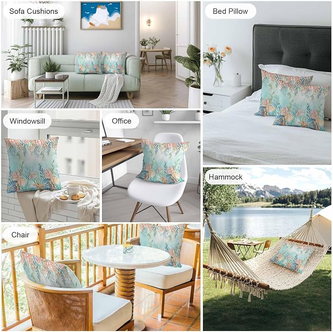Throw Pillow Covers 24x24 Inch Set of 2, Ocean Starfish Seaweed Waterproof Outdoor Pillow Covers, Summer Coastal Beach Shell Coral Teal Decorative Cushion Pillowcases for Couch, Sofa, Bed, Patio