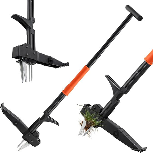 Weed Puller Tool with Long Handle, Stand Up Weeding Tool Gardening for Various Grass, Weed Remover Pulling Extractor Tool for Garden, Lawn, Yard , 4 Metal Claws with Foot Pedal Manual Weeders 43"