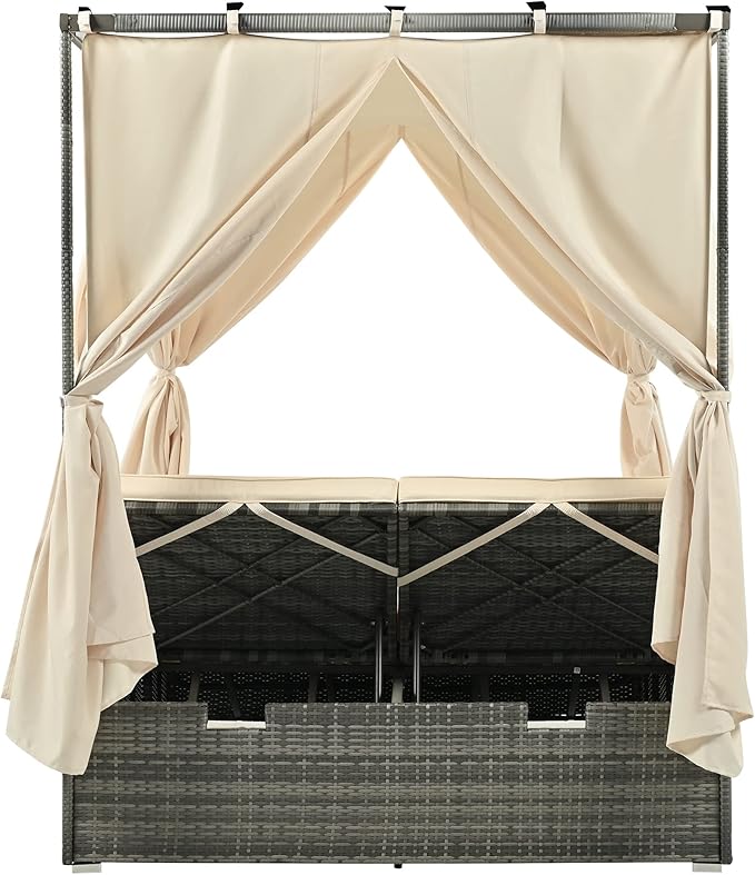 KEVINSPACE Outdoor Daybed with Curtain Canopy Bed Patio Furniture Adjustable Sunbed Set All-Weather Rattan Sun Lounger Patio Wicker Sofa Set Patio Conversation Set Curtains for Garden Yard Beige