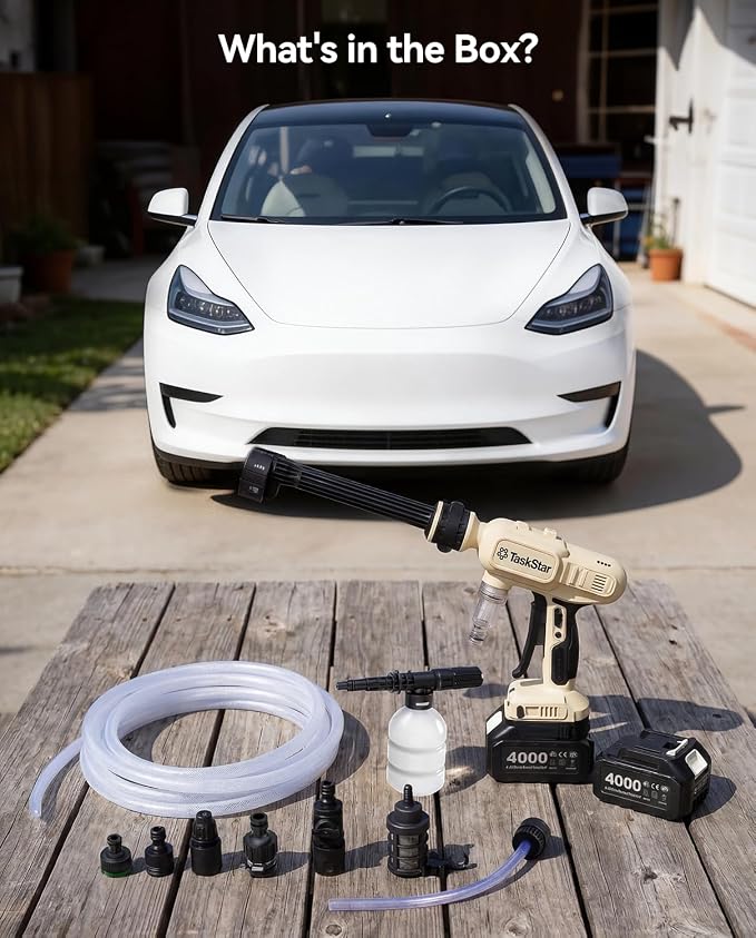 TaskStar Cordless Portable Cleaning Tool: 2X 4.0Ah Batteries Powered Electric Washer with Brushless Motor, 2 Power Modes, 6-in-1 Spray Nozzle, 26FT Extended Hose for Car, Garden, Outdoor Cleaning