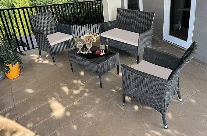 PatLoom 4-Piece Outdoor Furniture Set,Dark Brown Rattan Wicker Patio Sofa,Elegant Patio Conversation Set with Glass Top Coffee Table for Garden, Backyard, Poolside, Balcony (Beige Cushions)