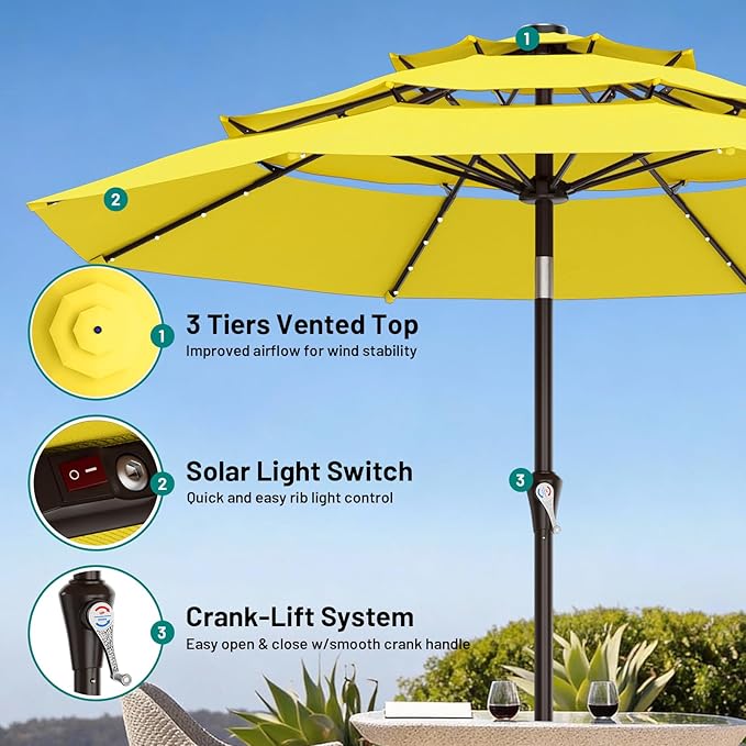 AreShark 9ft 3 Tiers Patio Umbrella with Solar Lights, Outdoor Umbrella w/ 32 LED Lights&8 Sturdy Ribs, Table Umbrella for Deck, Backyard, Pool (Yellow)
