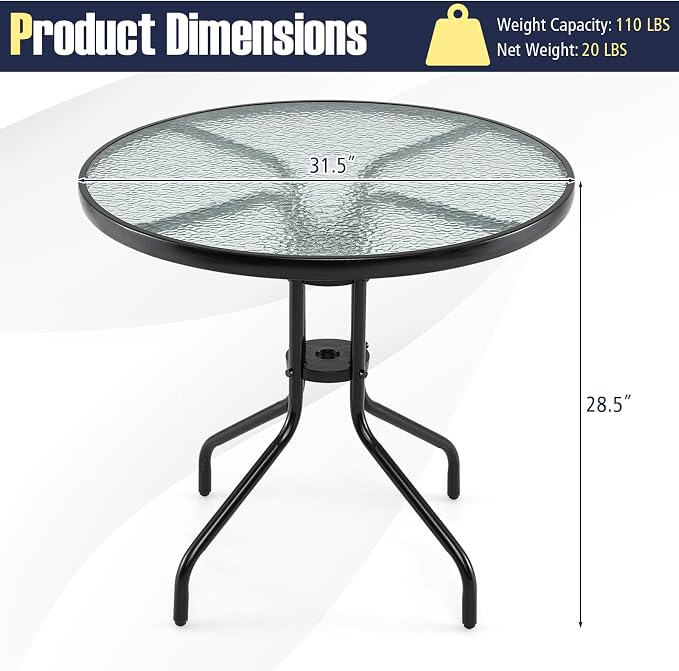 HAPPYGRILL Outdoor Bistro Table, 32" Patio Round Dining Table with Tempered Glass Tabletop & 2" Umbrella Hole, for Garden Backyard Poolside Porch