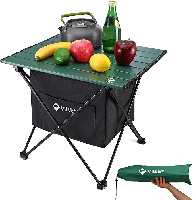 VILLEY Portable Camping Side Table, Ultralight Aluminum Folding Beach Table with Carry Bag and Under-Table Storage Hammock for Outdoor Cooking, Picnic, Camp, Boat, Travel, Medium