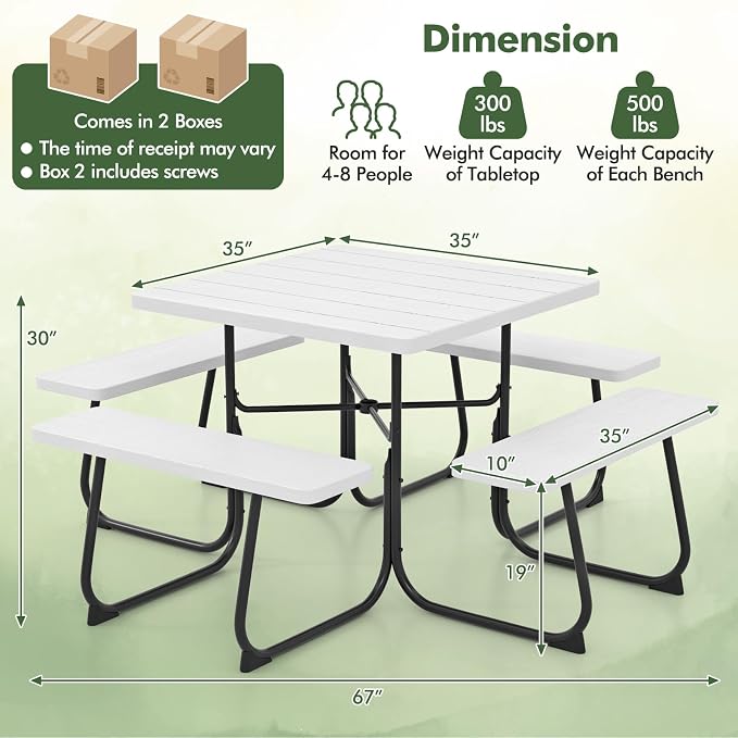Square Picnic Table for 8 Person, Outside Table Bench Set w/ 4 Built-in Benches, Umbrella Hole, HDPE Top & Metal Frame, 2000LBS Capacity Outdoor Picnic Table for Garden, Porch, Patio (White)