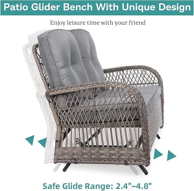MEETWARM 4 Pieces Outdoor Wicker Patio Conversation Sets with Glider Loveseat, 2 Chairs with Glass-Top Coffee Table Wicker Rocking Glider Set, Wicker Conversation Set w/Thickened Cushions, Gray