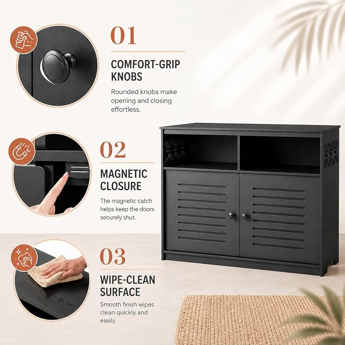 VINGLI Outdoor Storage Cabinet Waterproof, 87 Gallon Patio Deck Storage Cabinet with 2 Doors & Open Shelves, All-Weather Resistant Outdoor Sideboard with Decorative Cutout for Patio, Garden, Yard