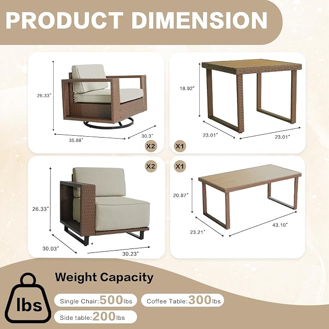6 Pieces Outdoor Patio Furniture Set, Rocker Chairs and Sofa with 10 inch Thick Cushions and Steel Frame and Wooden Board, PE Rattan Weaving Outdoor Conversation Set Brown/Light Gray Linen