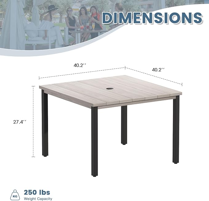 DIFY 40.2" Square Outdoor Dining Table for 4, Slatted Metal Patio Table with Adjustable Umbrella Hole, All-Weather Patio Dining Table for Garden Backyard Deck, Grey Wood-Like Tabletop