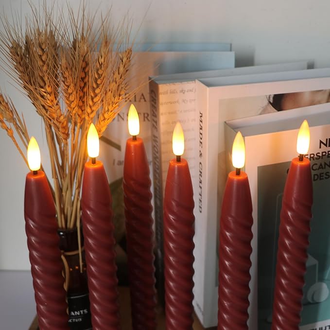 Flameless Taper Candles Real Wax Flickering with Remote Timer, Brownish Red 3D Wick LED Spiral Candles Battery Operated 6 Pack 9.8 inch, Wedding Birthday Home Party Holiday Dinner Decor