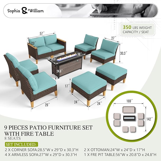 Sophia & William Patio Furniture Set with Fire Pit Table, 9 Piece Outdoor Wicker Furniture Sectional Sofa, Large Patio Rattan Conversation Set with Ottoman & 56" Fire Pit Table(Aqua Blue)