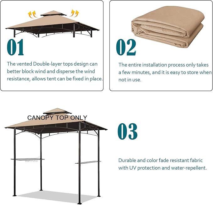 Grill Gazebo Replacement Canopy Top - Wonwon 5x8 Gazebo Roof Double Tiered Outdoor BBQ Roof Cover Grill Shelter Only Fit for Model L-GG001PST-F (Beige)
