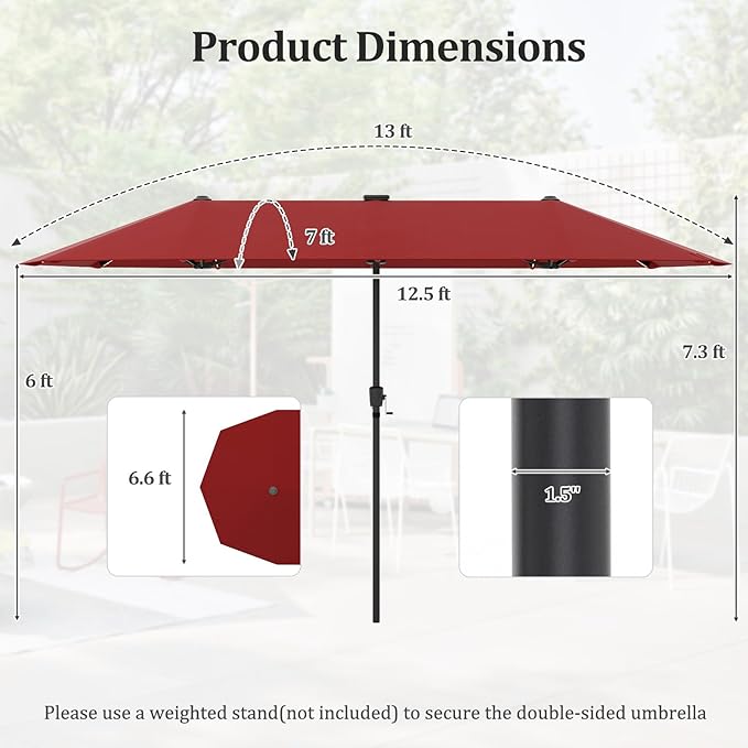 HAPPYGRILL 13 FT Double-sided Patio Umbrella with Solar Lights, Crank Handle & 12 Heavy-Duty Ribs, Outdoor Twin Size Oversized Rectangle Market Umbrella for Garden Deck Poolside