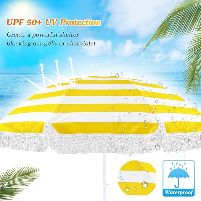 Outdoor Patio Umbrella With Fringe - Holiday Beach Yellow And White Striped Portable Tassel 5.9ft Table UV50+ Protection Sun Shade Garden Waterproof/8 Ribs