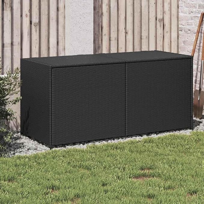 Black PE Rattan Garden Storage Box 283L, Medium Outdoor Woven Box with Gas Spring for Patio Cushions and Tools